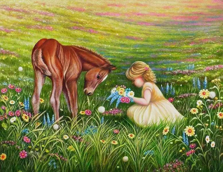 Fetiță cu ponei pe câmp puzzle online