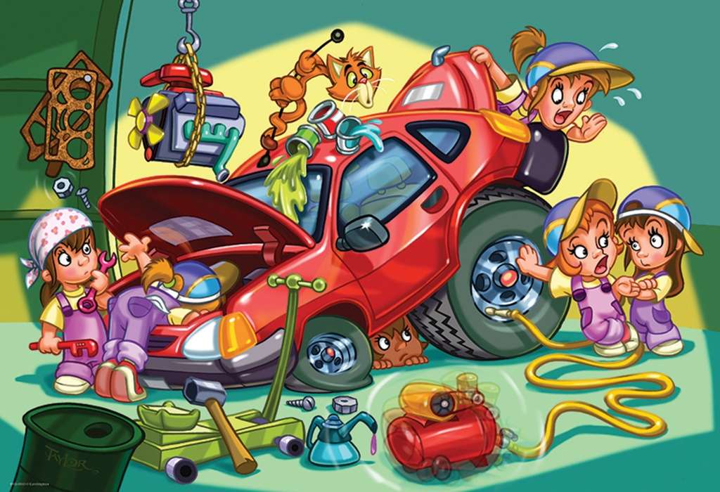 Die Kleinen reparieren das Auto Puzzlespiel online