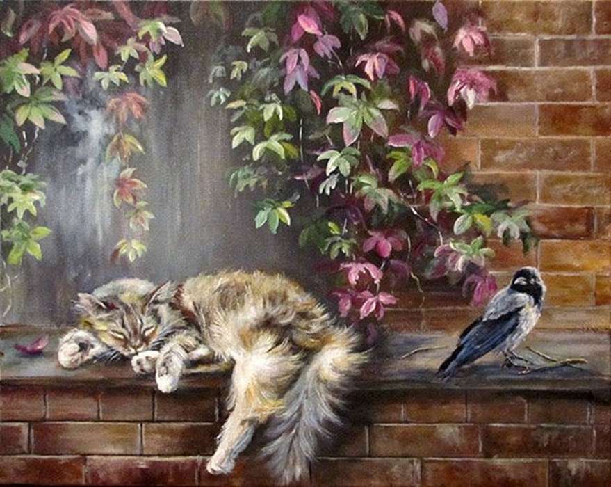 cica alszik egy madár mellett online puzzle