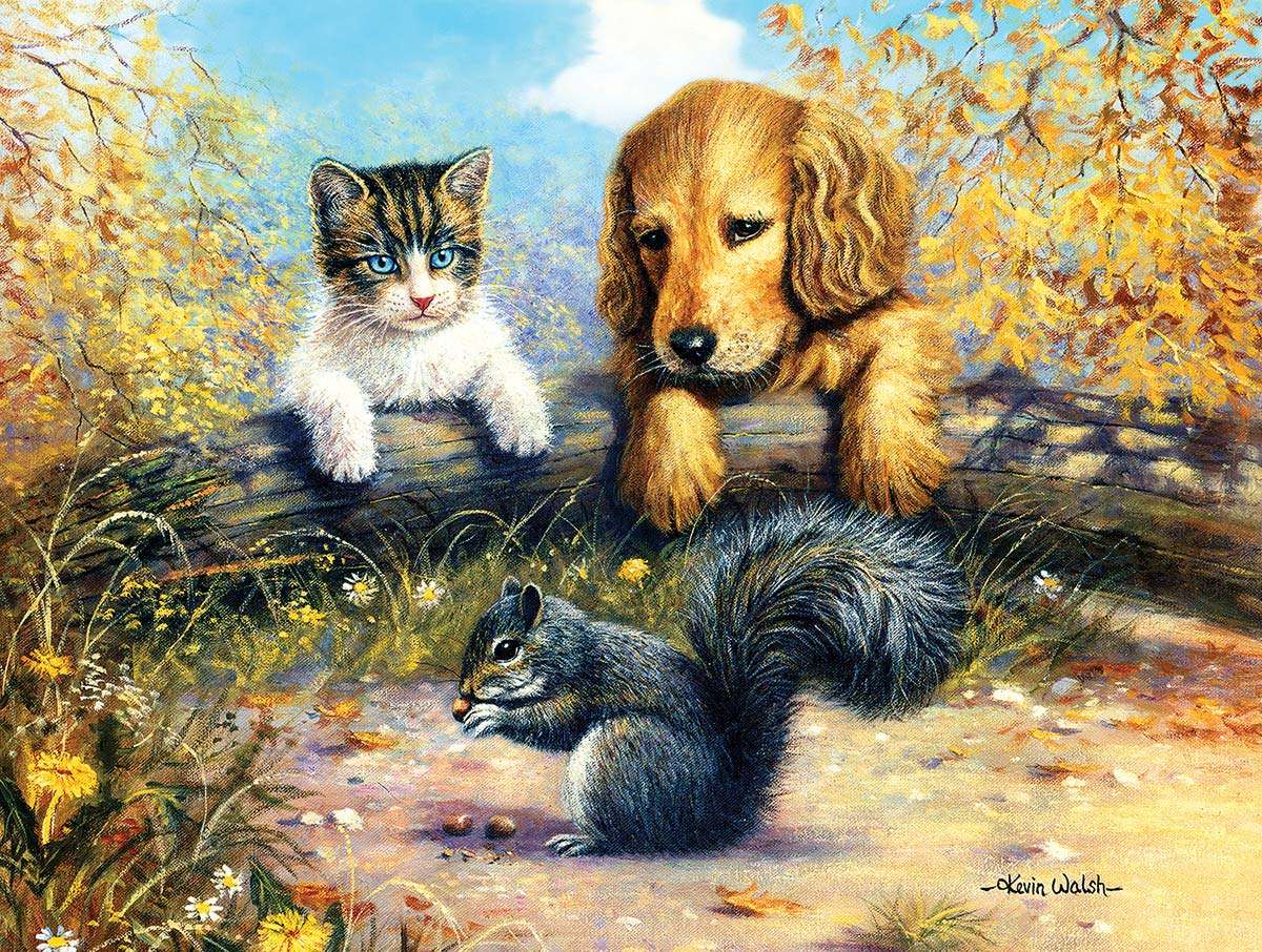 リスを見ている犬と猫 オンラインパズル