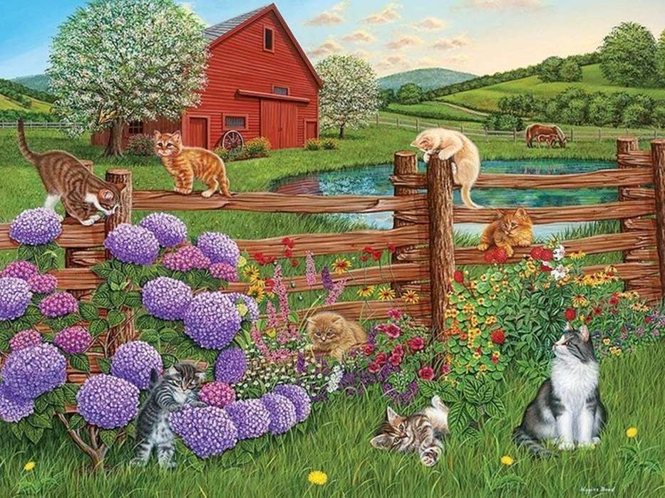 chatons sur la clôture de la ferme puzzle en ligne