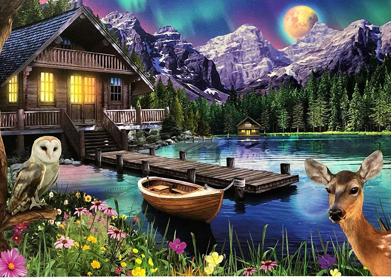 Casa com uma passarela em um lago nas montanhas puzzle online