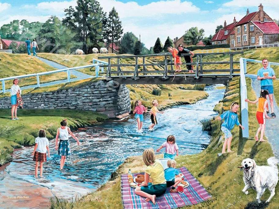 Un pârâu cu un pod și copii care se joacă puzzle online
