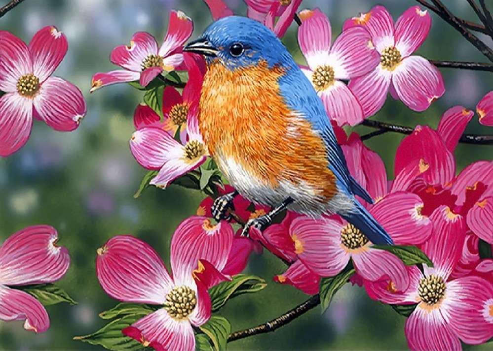 pasăre printre flori roz jigsaw puzzle online