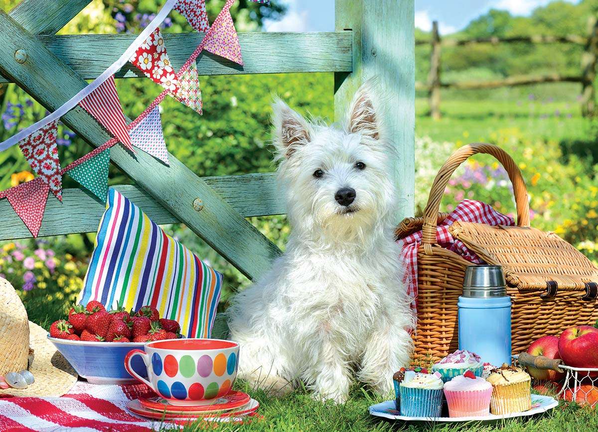 белый щенок с корзиной для пикника онлайн-пазл