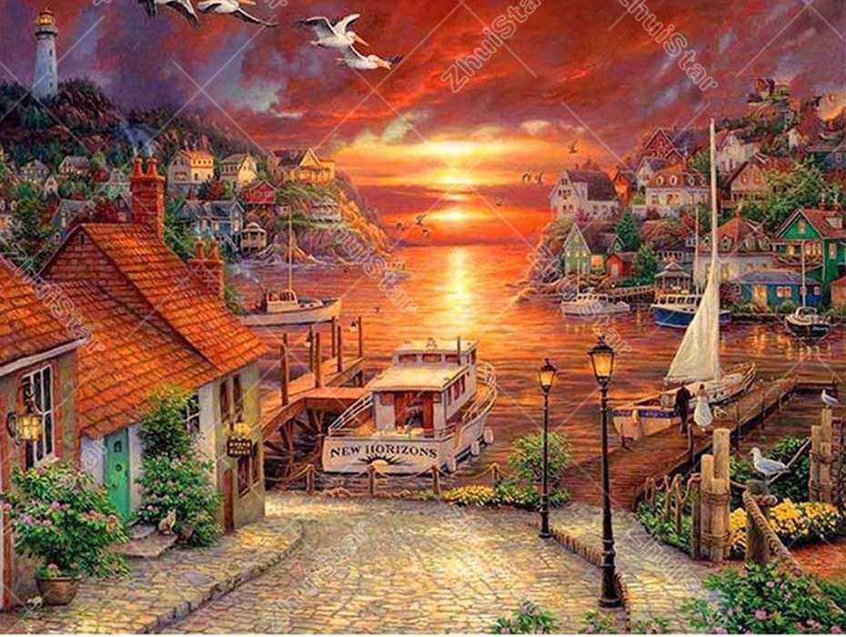 Landschaft eines Hafens bei Sonnenaufgang Puzzlespiel online