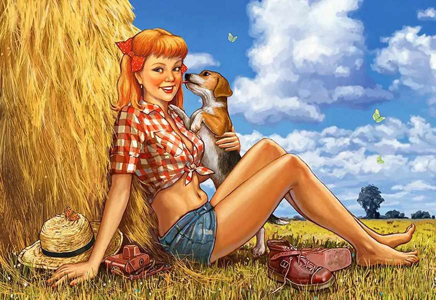 牧草地で彼女の子犬を持つ少女 ジグソーパズルオンライン