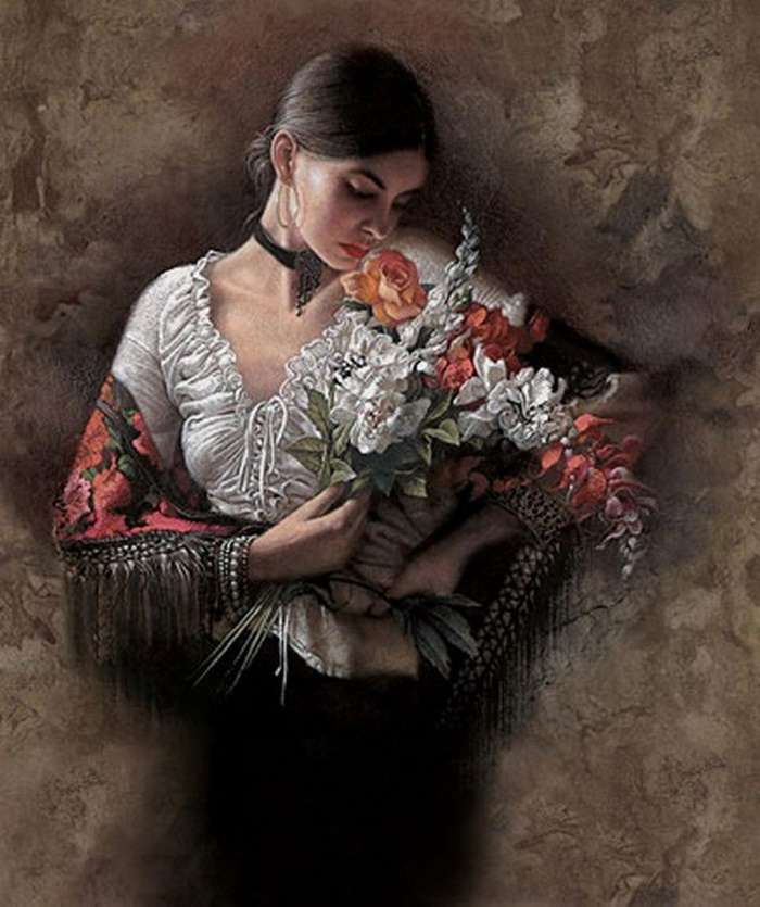 マンティラと花の花束を持つ女の子 ジグソーパズルオンライン