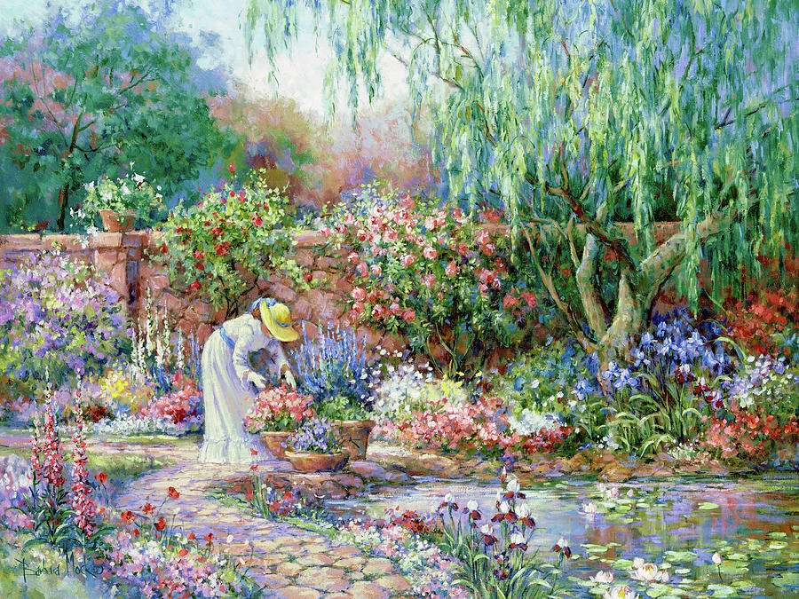 femeie care are grijă de flori în grădină jigsaw puzzle online