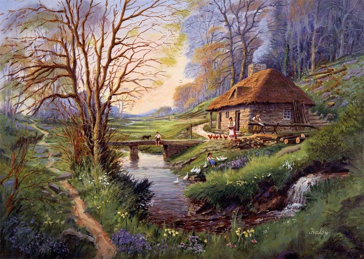 A cottage under a thatched roof by the river online puzzle