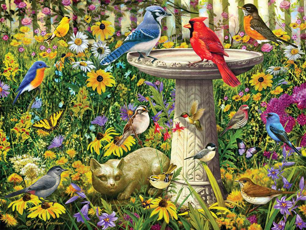 Pájaros coloridos en el jardín. rompecabezas en línea