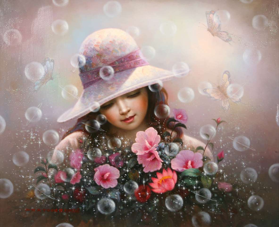 дівчина з квітами і бульбашками онлайн пазл