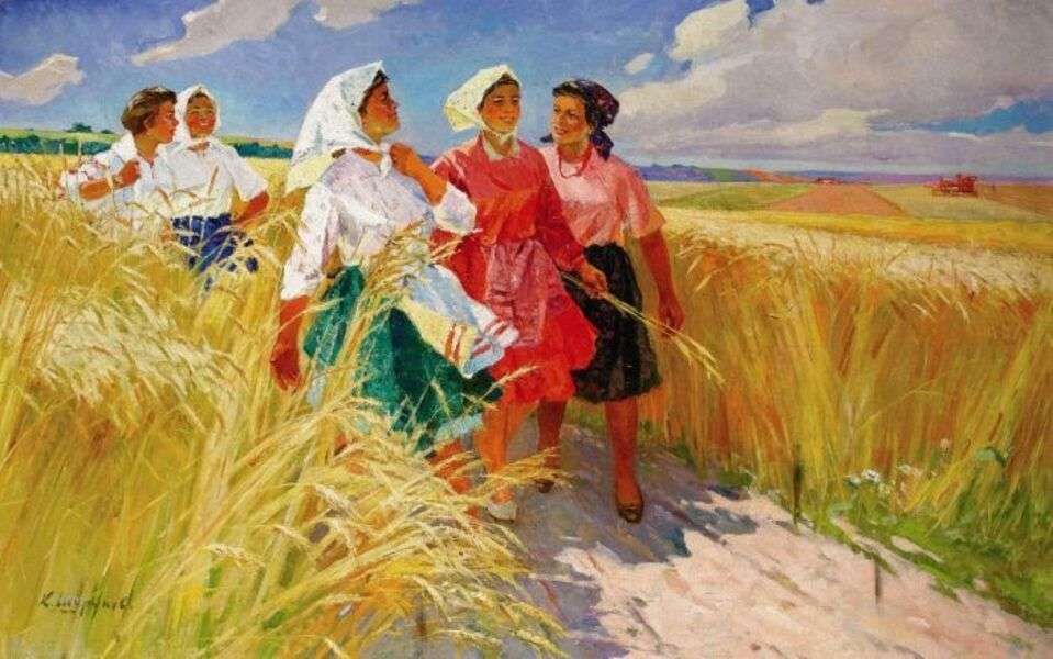 Le signore camminano attraverso i campi di grano puzzle online