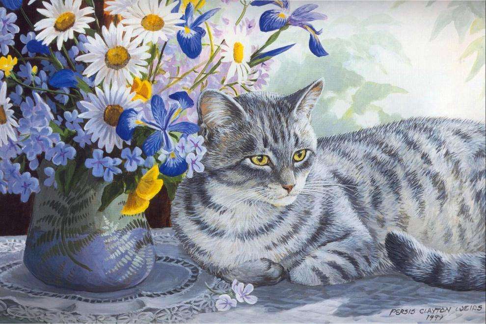 grå katt med blomvas Pussel online
