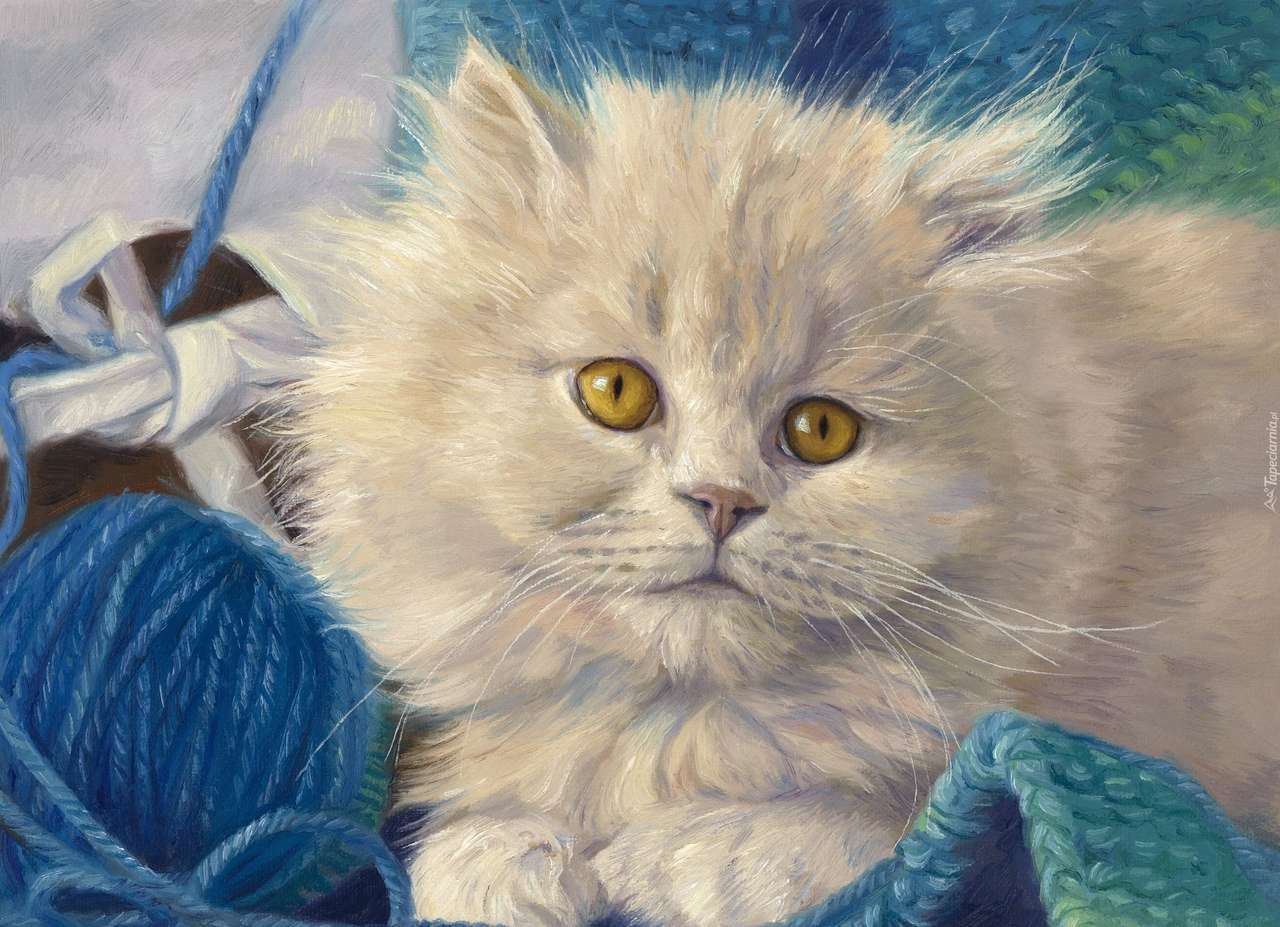 vit kattunge på blå ull Pussel online