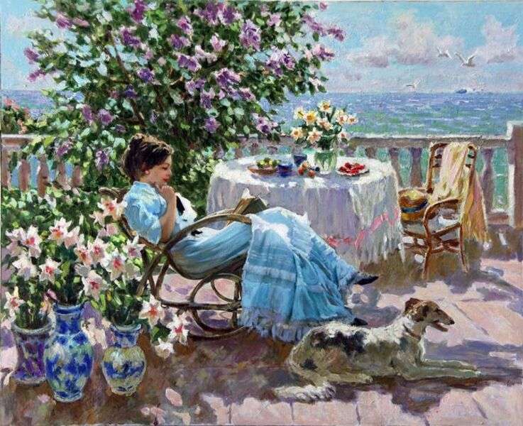 Lady reading on the terrace online puzzle