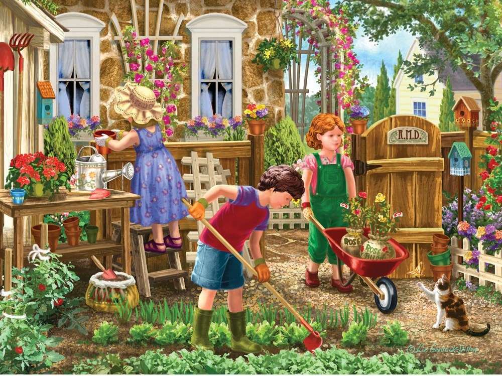 діти працюють в саду пазл онлайн
