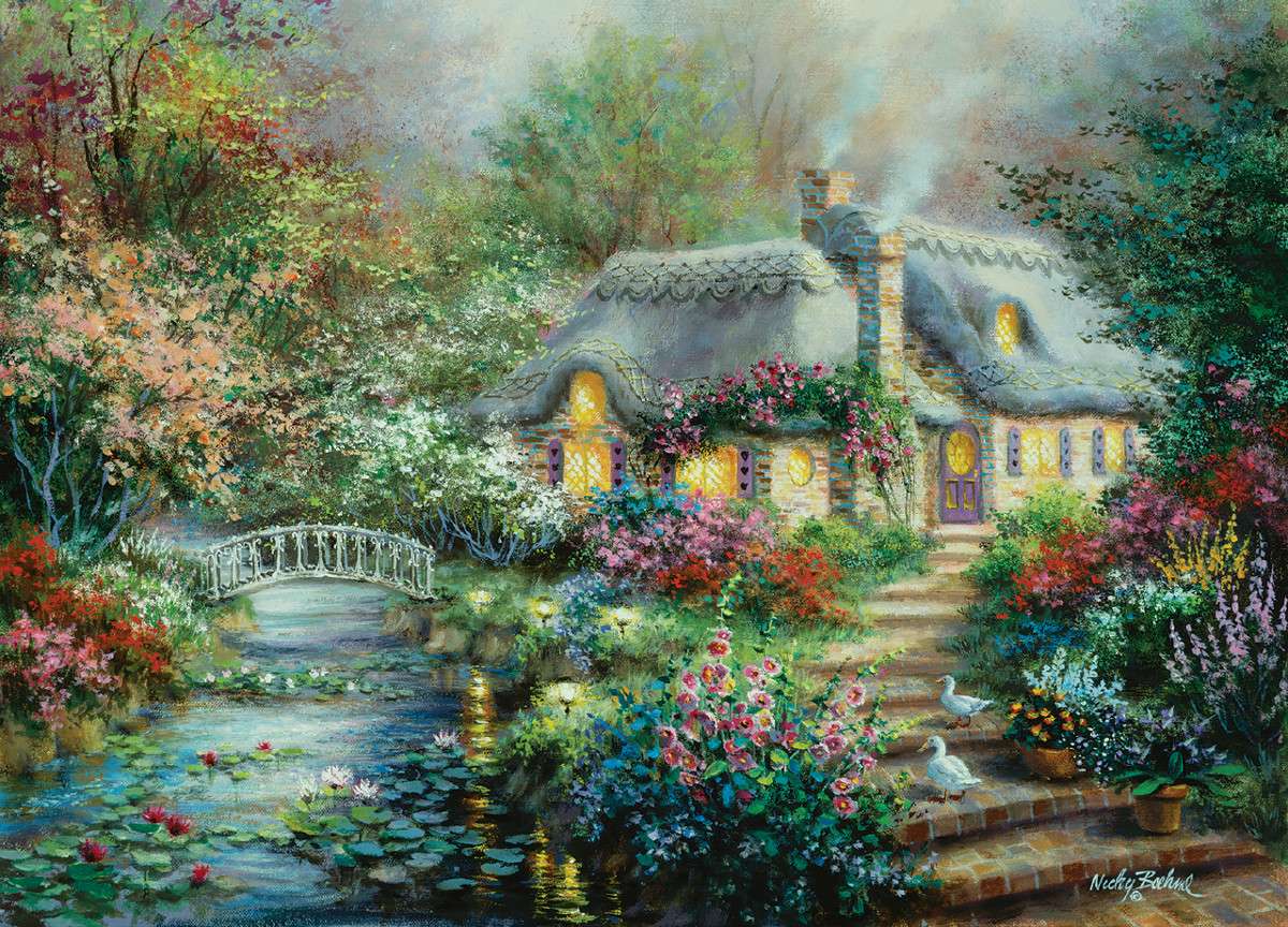 piccolo dipinto di cottage sul fiume puzzle online