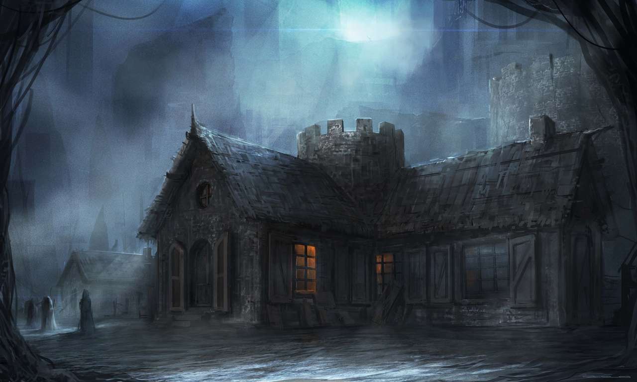 medeltida stad på natten pussel på nätet