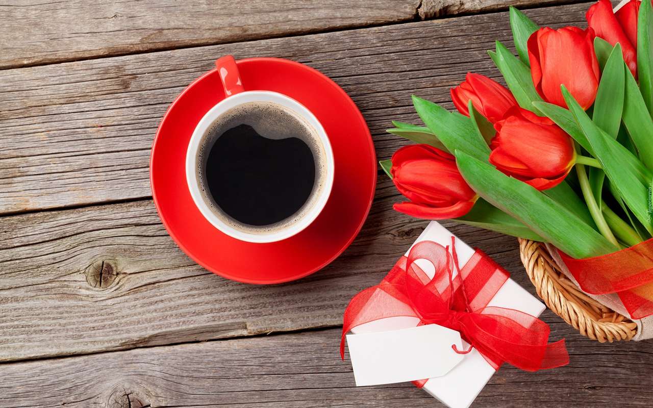 Červené tulipány a dárek online puzzle