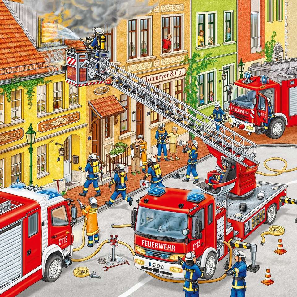 De reddingsoperatie van de brandweer in de stad legpuzzel
