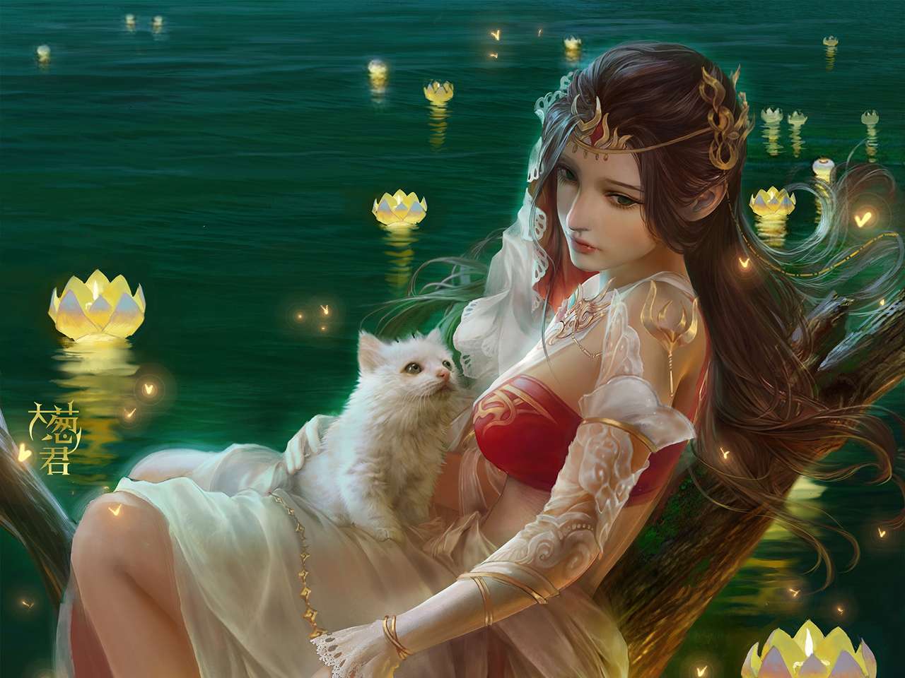 νεαρή γυναίκα δίπλα στο νερό και το λευκό γατάκι της online παζλ