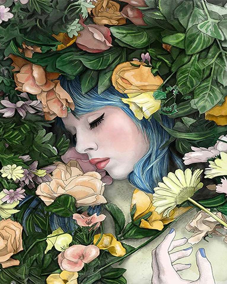 vrouw onder bloemen online puzzel