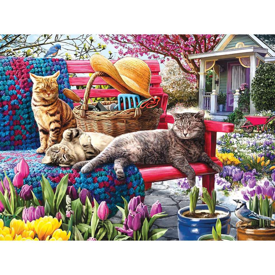 Kittens on a bench by the house jigsaw puzzle online
