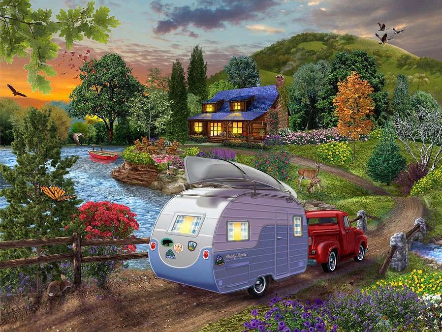 Vacation in a motorhome by the lake jigsaw puzzle online