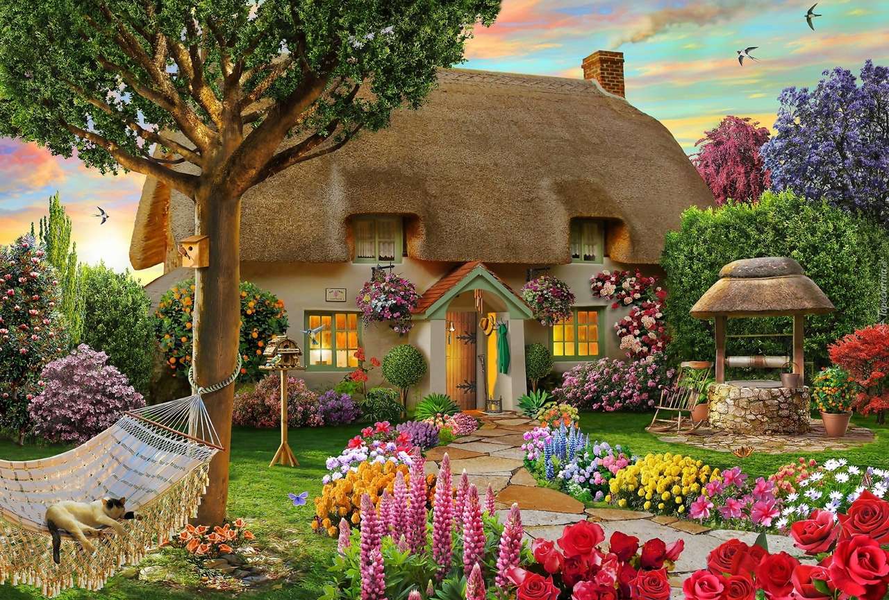 Una pequeña casa de campo rodeada de un jardín. rompecabezas en línea