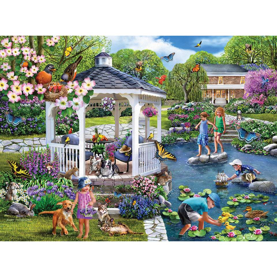 Children play in the park by the pond online puzzle