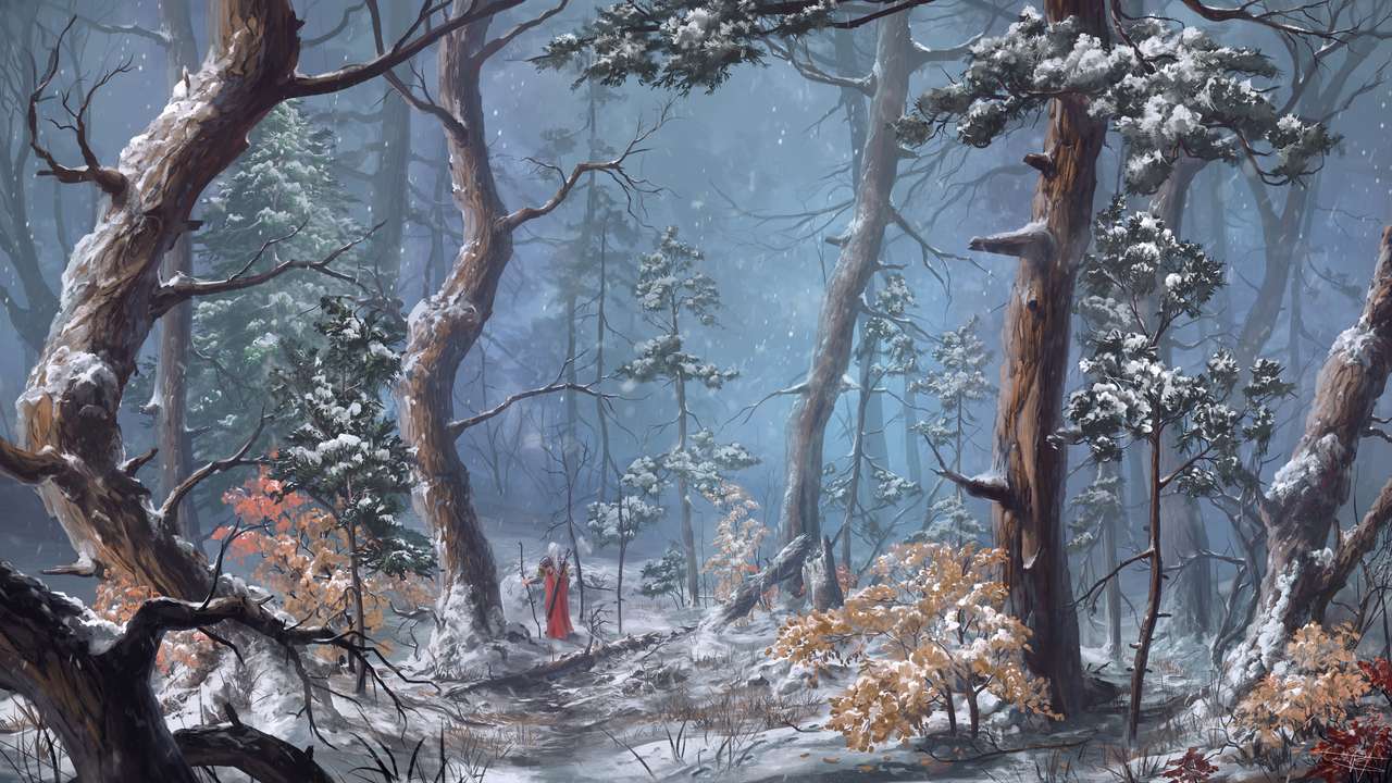 personaggio nella foresta di notte sotto la neve puzzle online