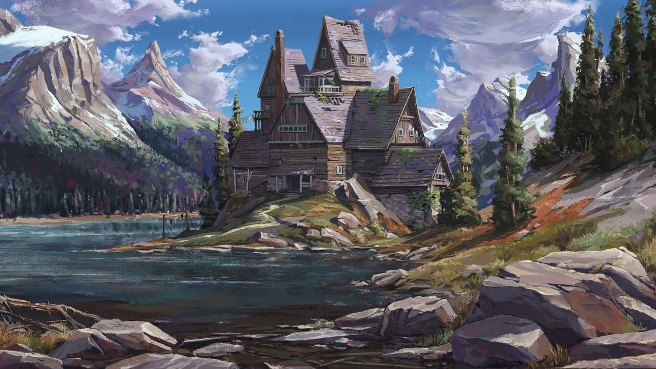 casa entre montanha e lago puzzle online