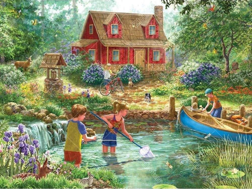 enfants pêchant dans le ruisseau puzzle en ligne