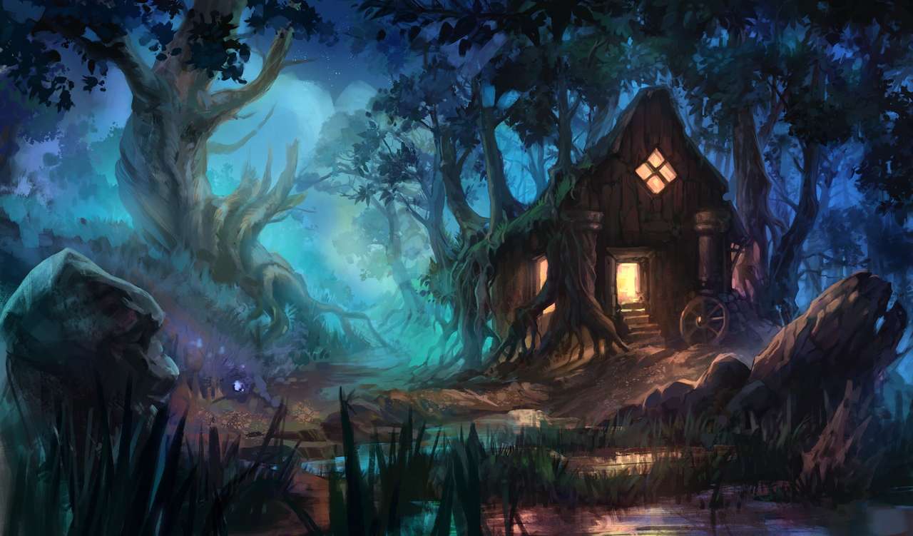 εξοχικό σπίτι στο δάσος τη νύχτα παζλ online
