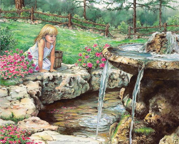 Fata se bucură de fântâna cu apă jigsaw puzzle online