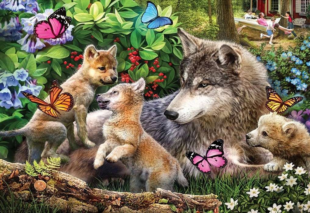 mama with puppies and butterflies jigsaw puzzle online