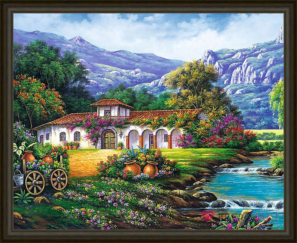 Obraz- Vilă în vale lângă râu jigsaw puzzle online