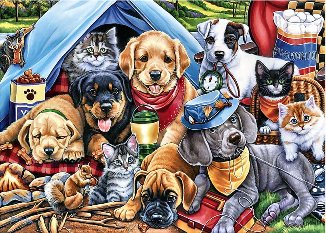 Camping-Katzen und Hunde Online-Puzzle