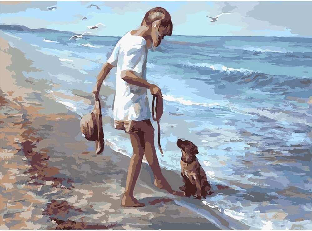 niña con perrito en la playa rompecabezas en línea