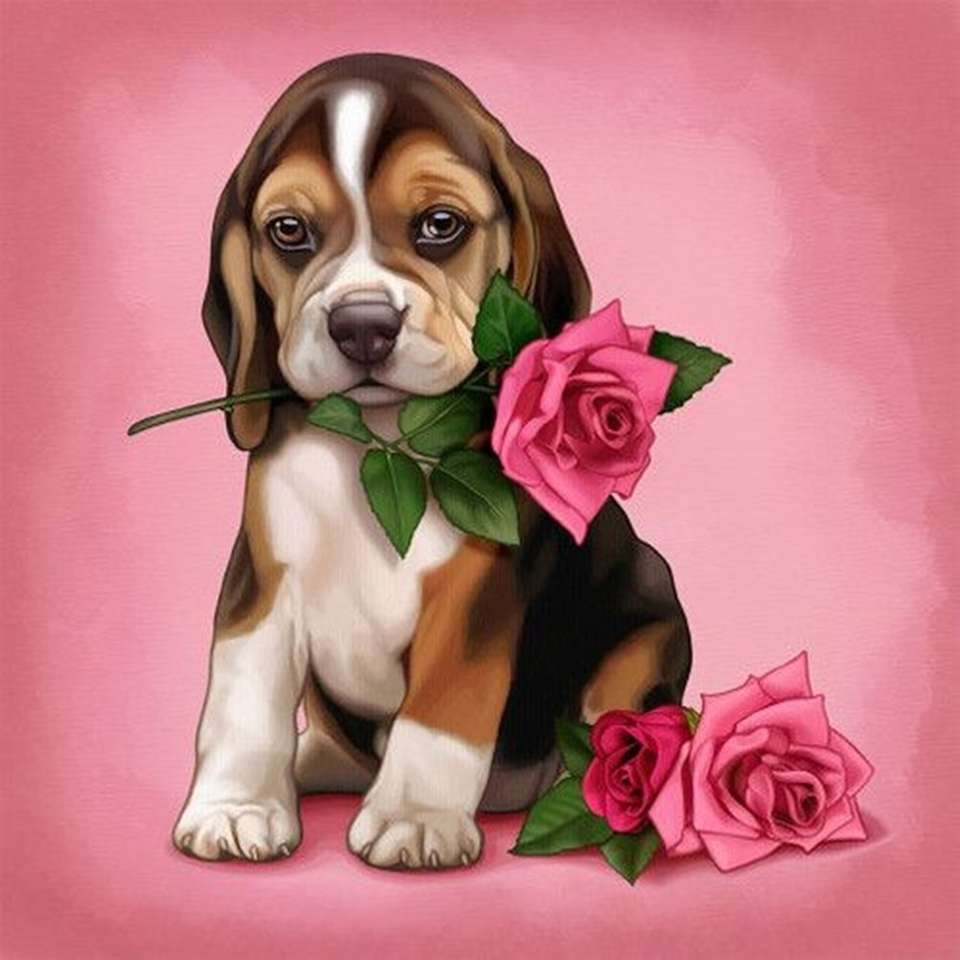 pretty dog ​​with roses online puzzle