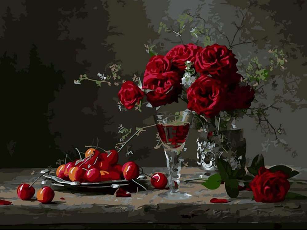 rosas, vino y cerezas rompecabezas en línea