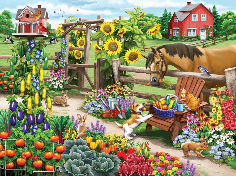 Trädgård med blommor, grönsaker och frukter Pussel online