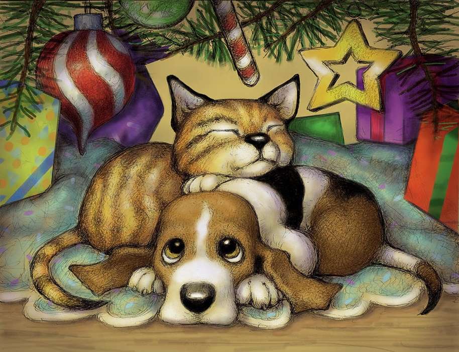 Welpe und Katze unter Weihnachtsbaum Puzzlespiel online