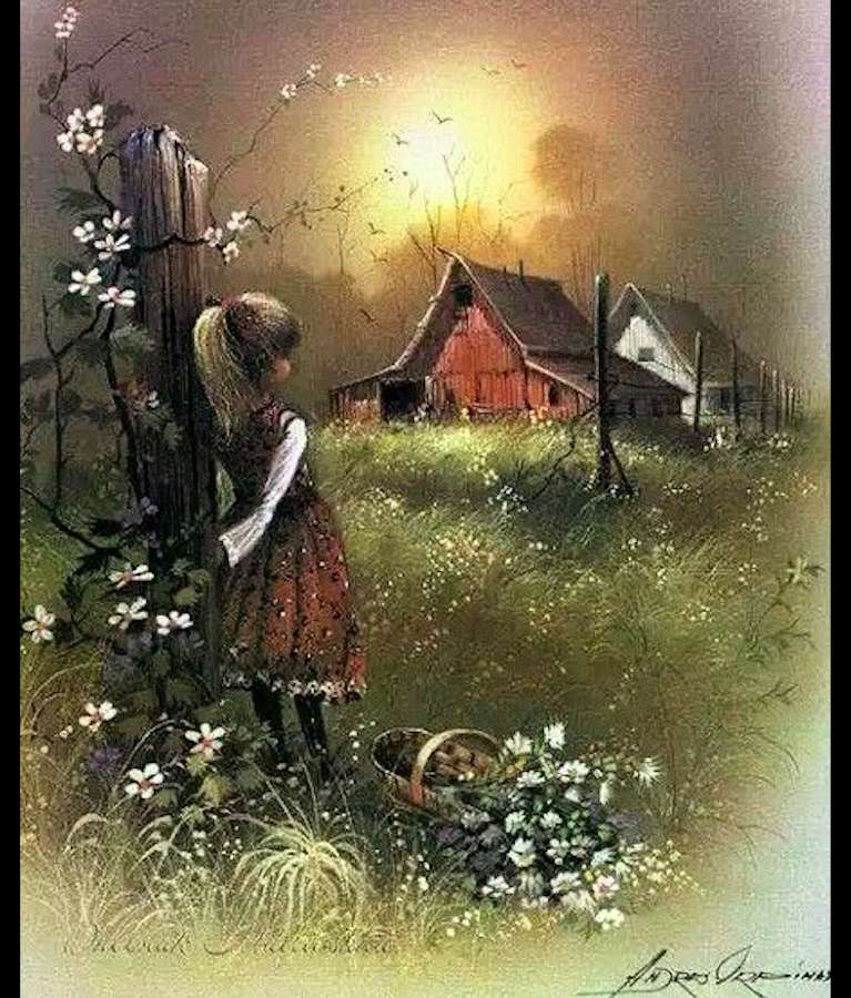 Uma garota solitária como aquela cabana com uma cesta de flores quebra-cabeças online