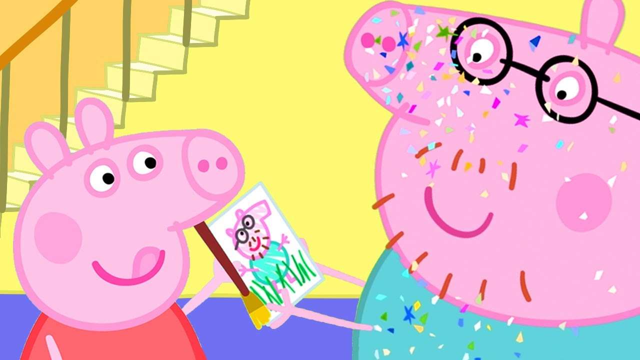 peppa pig and daddy pig painting in a papel rompecabezas en línea