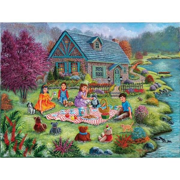 Gyerekek piknikeznek a tó mellett online puzzle