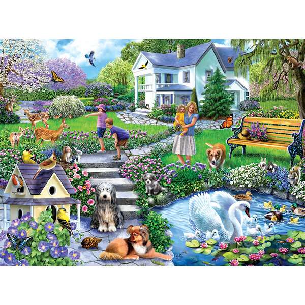 Mutter und Kinder im Garten Online-Puzzle
