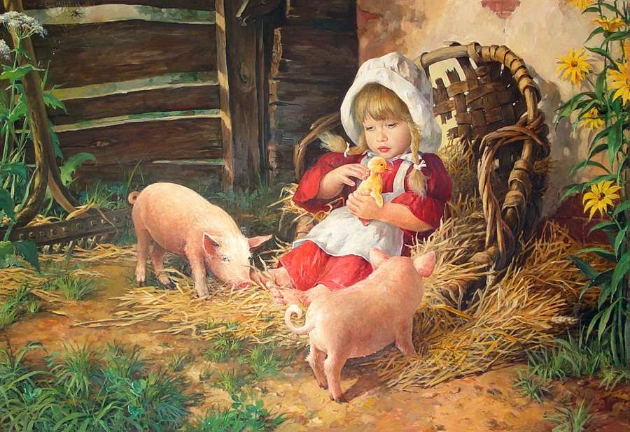 kleines Mädchen mit Schweinen Online-Puzzle