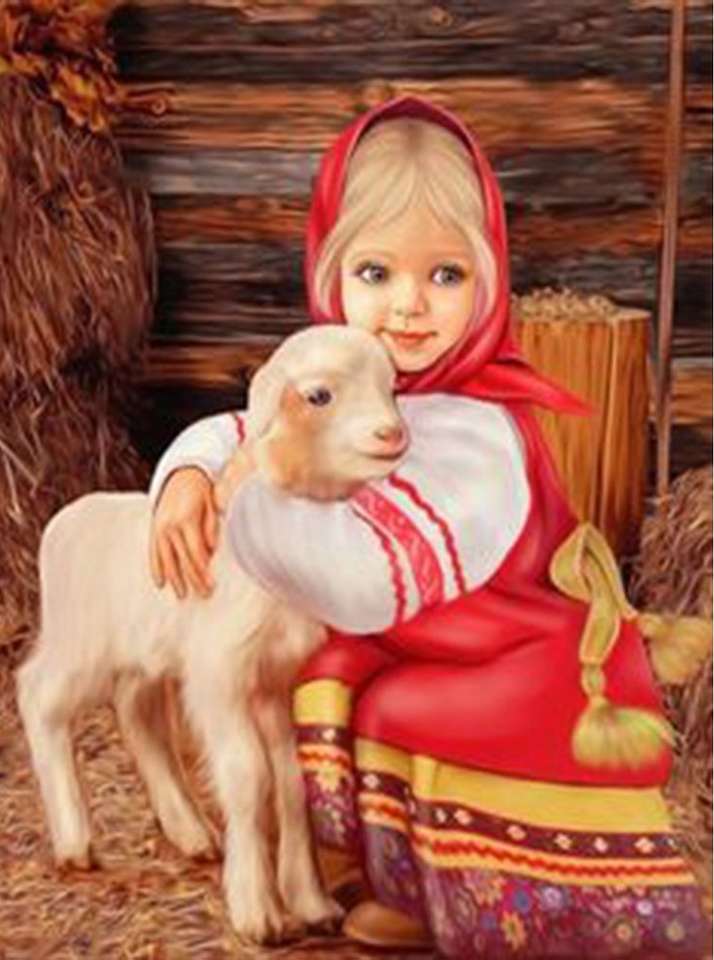 fille en rouge avec petit agneau puzzle en ligne
